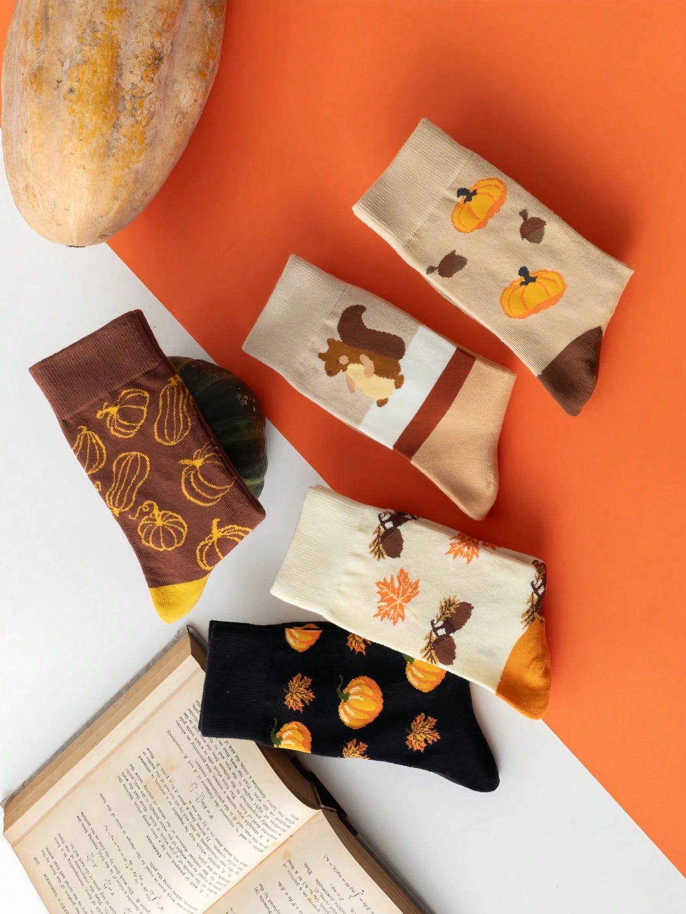 (35-39EU) Autumn Pumpkin & Squirrel Socks – Cozy Fall Collection