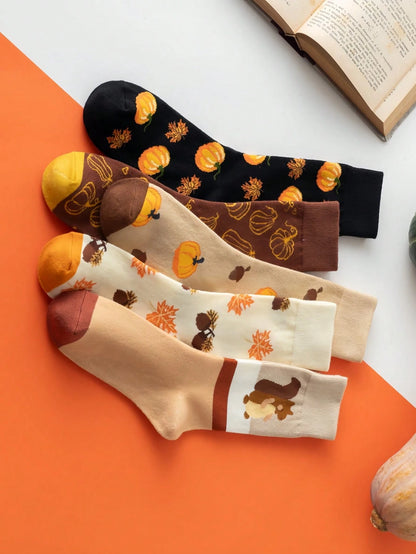 (35-39EU) Autumn Pumpkin & Squirrel Socks – Cozy Fall Collection