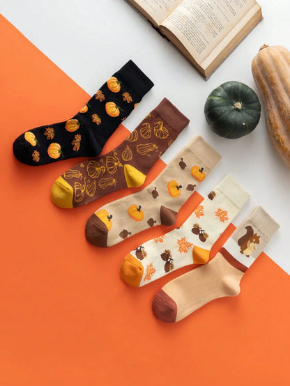 (35-39EU) Autumn Pumpkin & Squirrel Socks – Cozy Fall Collection