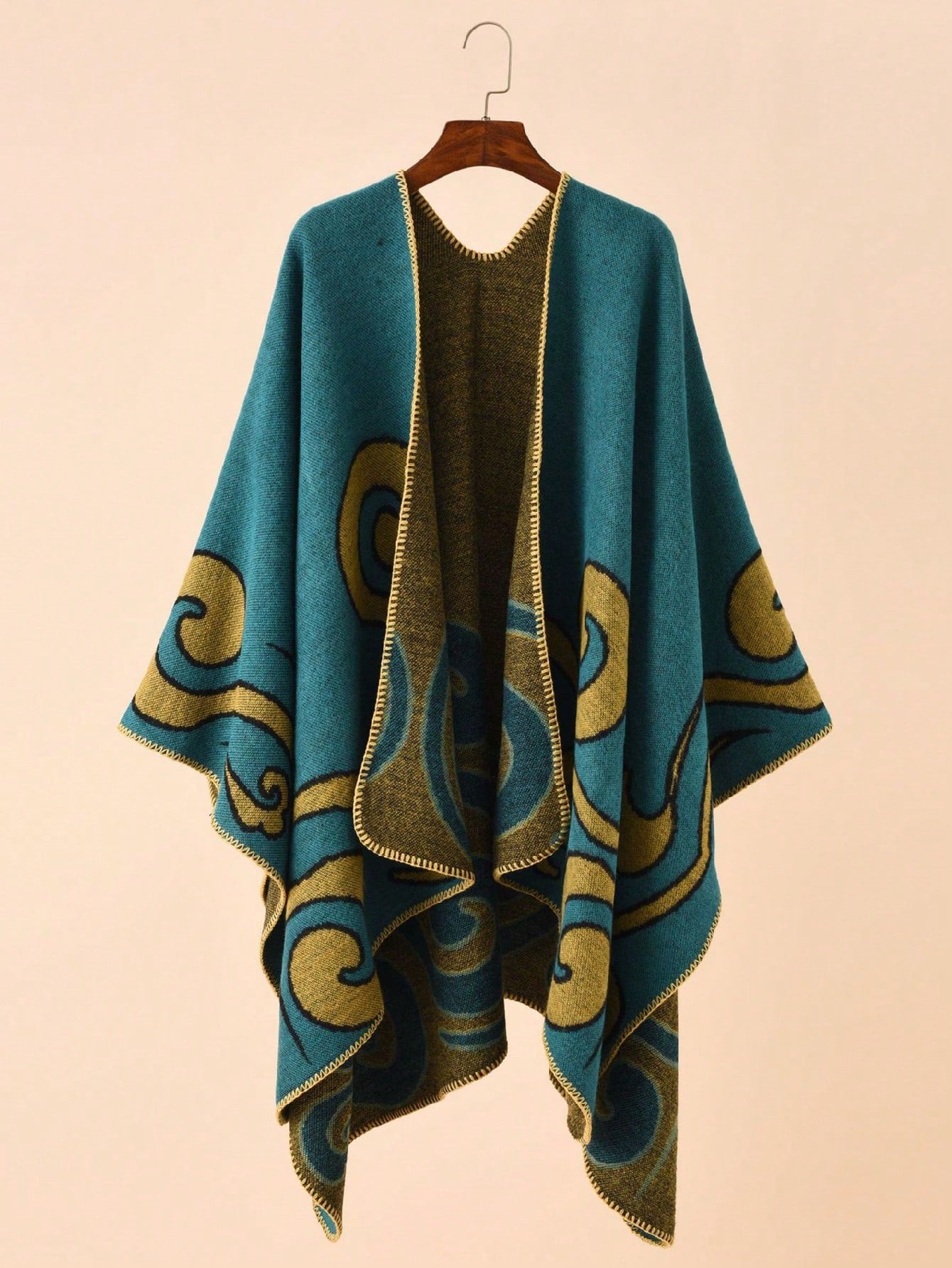 Regal Teal & Gold Swirl Reversible Knit Poncho | Oversized Shawl Cape (135x155cm)