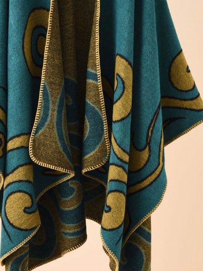 Regal Teal & Gold Swirl Reversible Knit Poncho | Oversized Shawl Cape (135x155cm)
