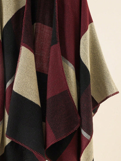 Burgundy and Beige Colorblock Open-Front Knit Poncho Wrap – 135x155 cm