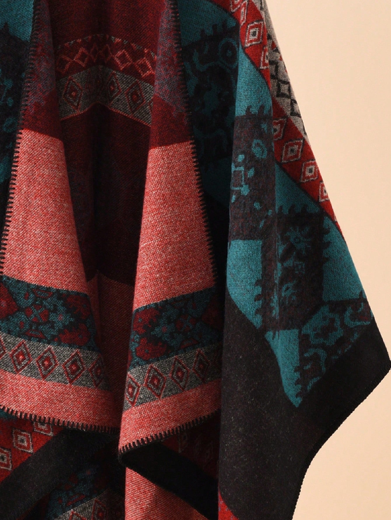 Boho Aztec Geometric Print Poncho | Oversized Open-Front Shawl Wrap (135x150cm)