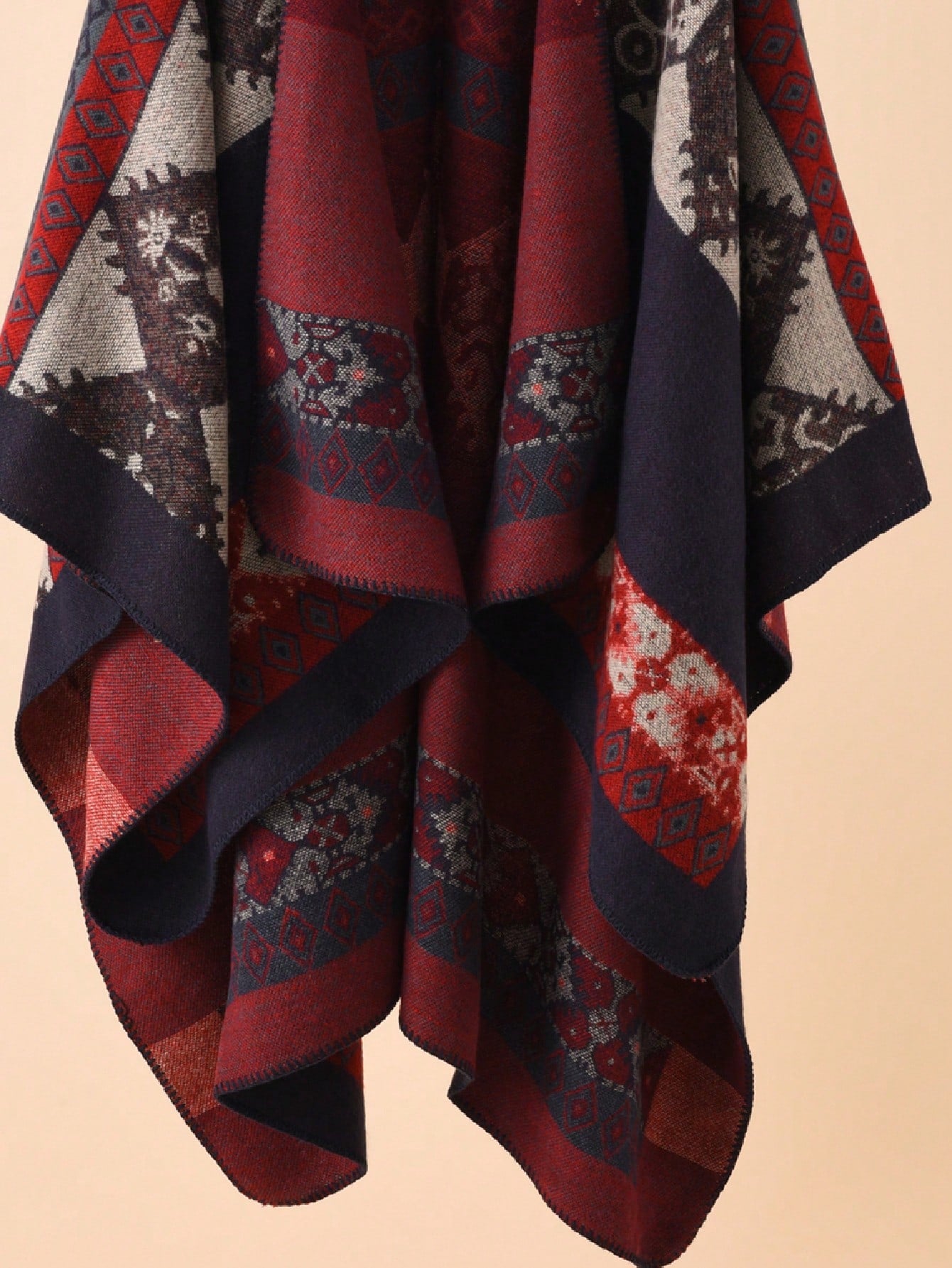 Navy & Burgundy Aztec Geometric Poncho | Oversized Open-Front Shawl (135x150cm)