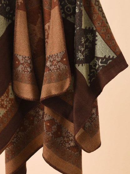 Earth Tone Aztec Geometric Poncho | Brown & Sage Oversized Shawl (135x150cm)