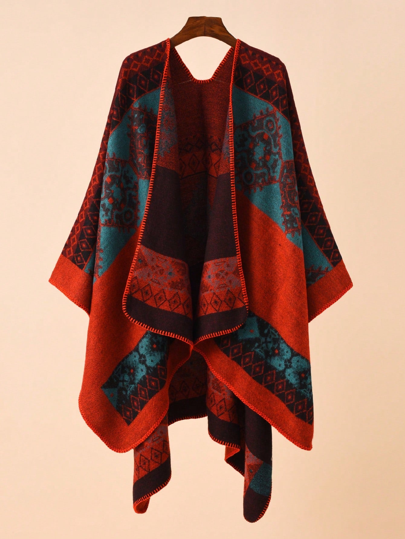 Bohemian Aztec Print Open-Front Knit Poncho