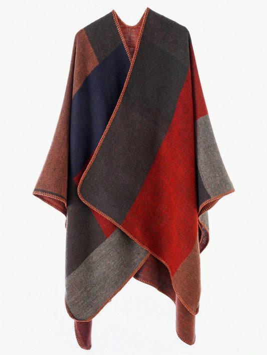 Color Block Poncho – Open Front Ruana Cape with Blanket Stitch Detail – Winter Knit Wrap (Rust/Navy/Grey)