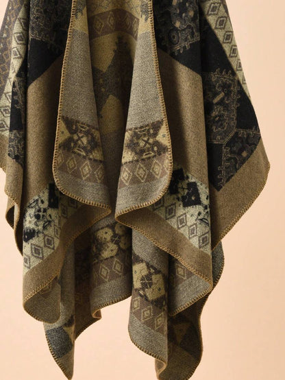 Bohemian Geometric Open-Front Knit Poncho Wrap – 135x155 cm