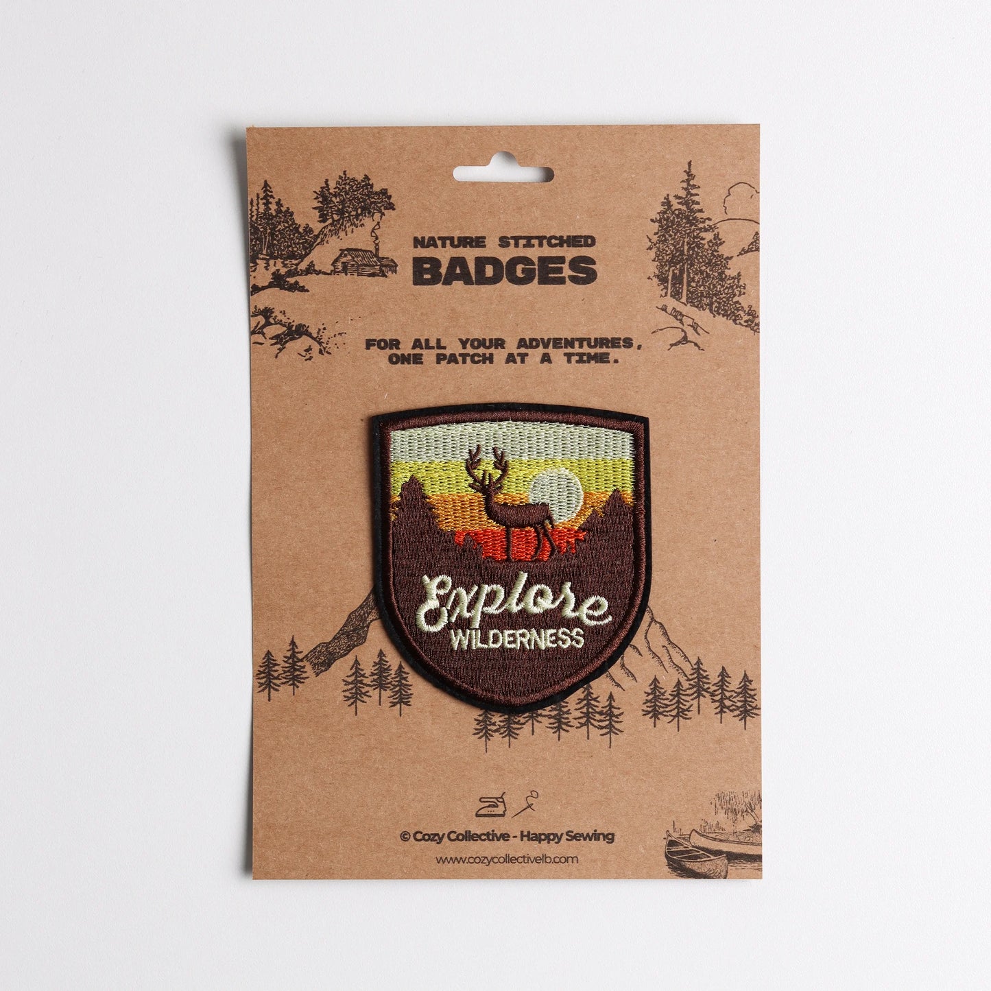"Explore Wilderness" Deer Embroidered Patch | Sunset Shield Badge