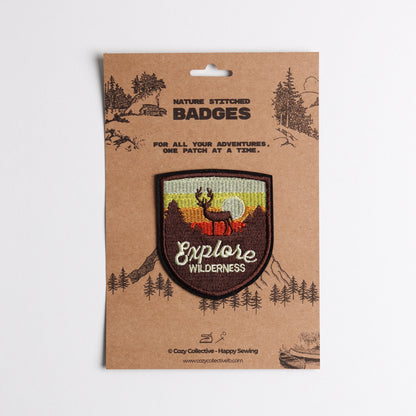 "Explore Wilderness" Deer Embroidered Patch | Sunset Shield Badge