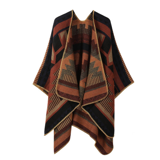 Geometric Tribal Wool Blend Open-Front Poncho Cape | Premium Warm Wrap