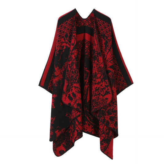 Cozy Collective Noir & Red Gothic Floral Open-Front Poncho