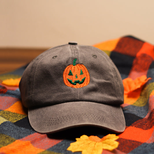 Embroidered Jack-O'-Lantern Dad Hat | Charcoal Gray Pumpkin Cap