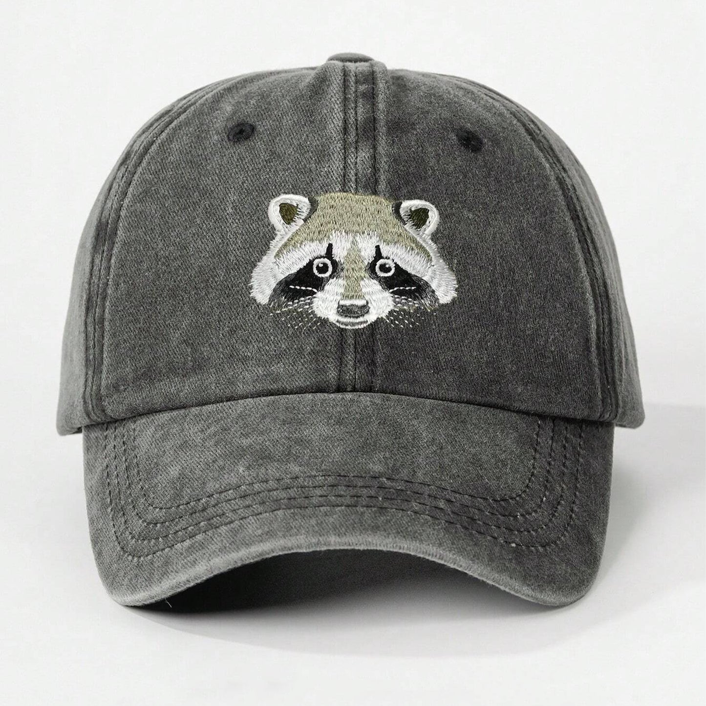 Washed Black Raccoon Embroidered Hat