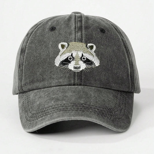 Washed Black Raccoon Embroidered Hat