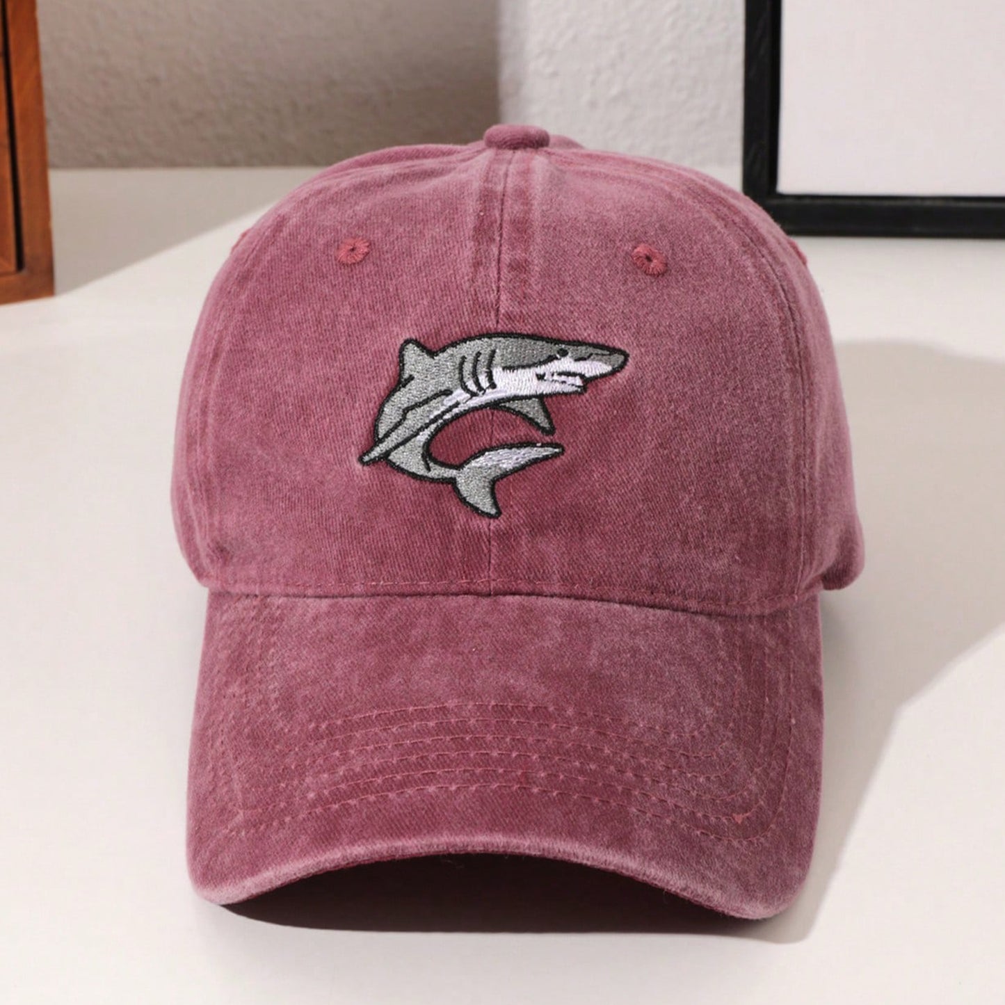 Handmade Shark Embroidered Washed Denim Baseball Cap