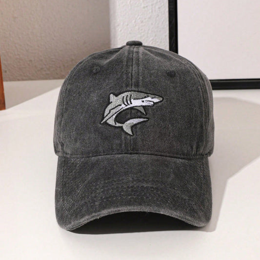 Handmade Shark Embroidered Washed Denim Baseball Cap