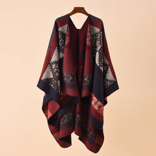 Navy & Burgundy Aztec Geometric Poncho | Oversized Open-Front Shawl (135x150cm)