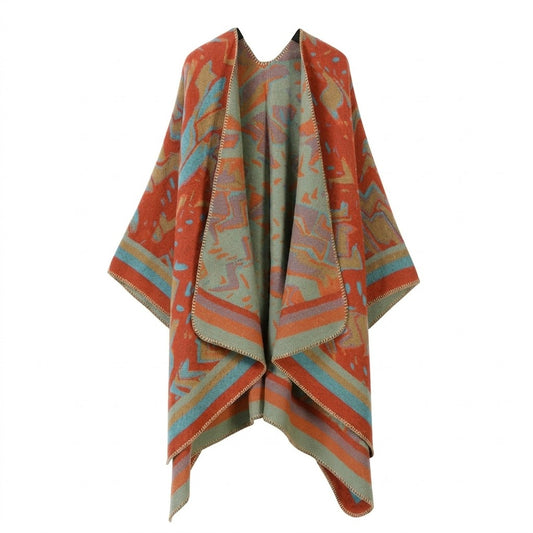 Cozy Collective Terracotta & Sage Abstract Open-Front Poncho