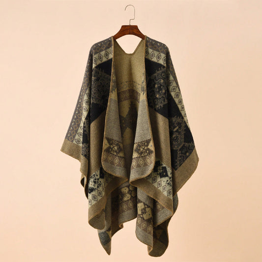 Bohemian Geometric Open-Front Knit Poncho Wrap – 135x155 cm
