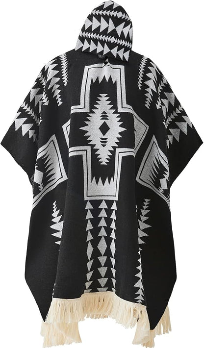 Premium Handmade Monochrome Navajo-Style Hooded Poncho
