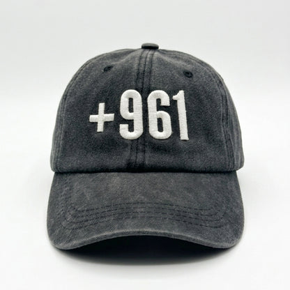 +961 Lebanon Country Code Embroidered Cap – Black Vintage Washed Lebanese Hat