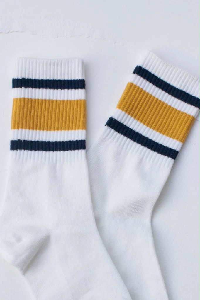 38-42 EU | Classic Stripe Ribbed Crew Socks – Navy & Mustard