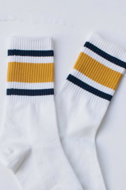 38-42 EU | Classic Stripe Ribbed Crew Socks – Navy & Mustard