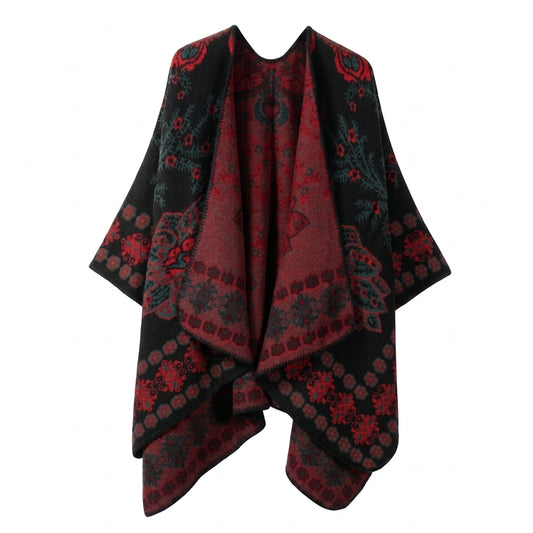 Cozy Collective Midnight & Crimson Folk Floral Open-Front Poncho