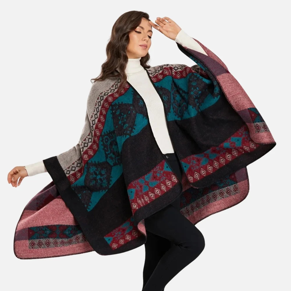 Boho Aztec Geometric Print Poncho | Oversized Open-Front Shawl Wrap (135x150cm)
