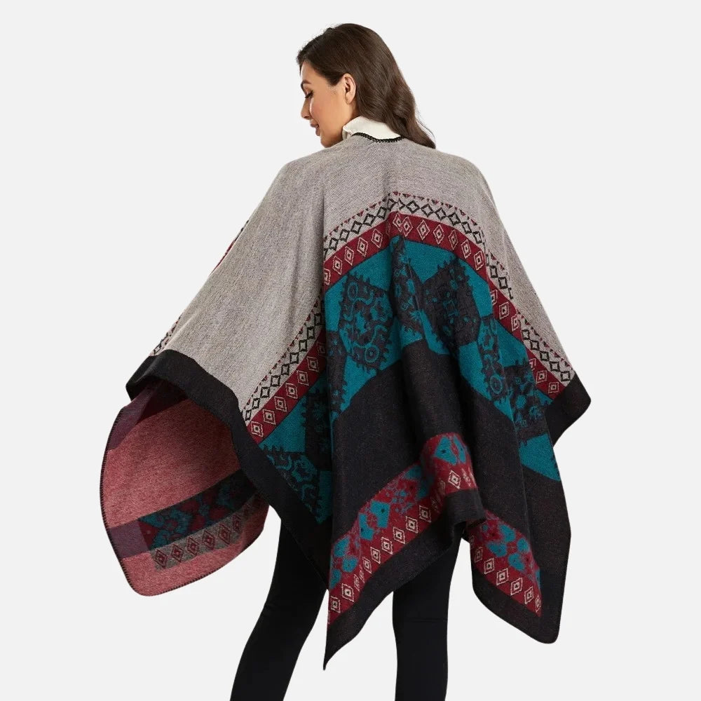 Boho Aztec Geometric Print Poncho | Oversized Open-Front Shawl Wrap (135x150cm)