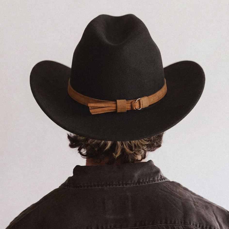 Person wearing a black cowboy hat with a brown band on a plain background