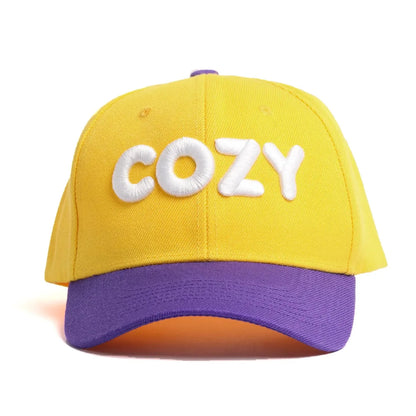 "COZY" Embroidered Two-Tone Baseball Cap | Yellow & Purple Streetwear Dad Cap