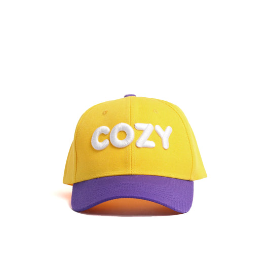 "COZY" Embroidered Two-Tone Baseball Cap | Yellow & Purple Streetwear Dad Cap