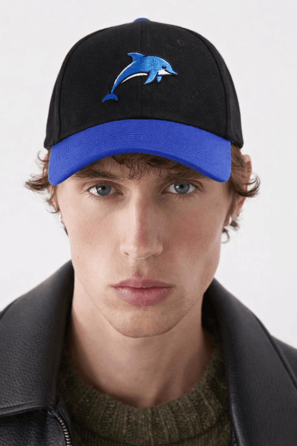 Embroidered Dolphin Mascot Baseball Cap | Black & Royal Blue Custom Marine Life Dad Hat
