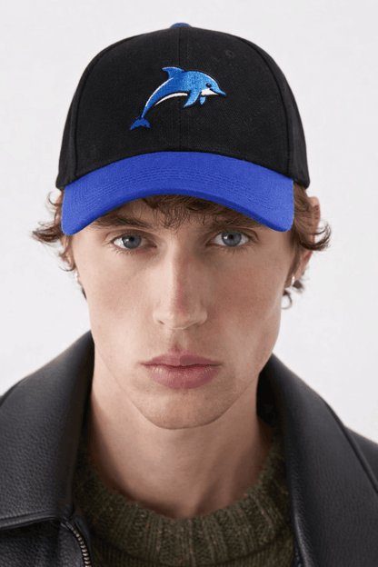 Embroidered Dolphin Mascot Baseball Cap | Black & Royal Blue Custom Marine Life Dad Hat