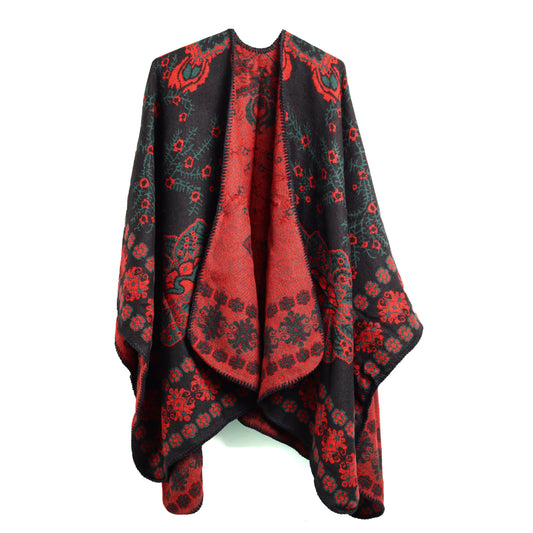 Cozy Collective Midnight & Crimson Folk Floral Open-Front Poncho