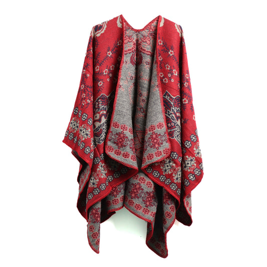 Cozy Collective Crimson Folk Floral Open-Front Poncho