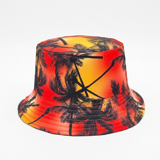 Tropical Sunset Palm Tree Bucket Hat – Vibrant Orange and Red Summer Festival Cap