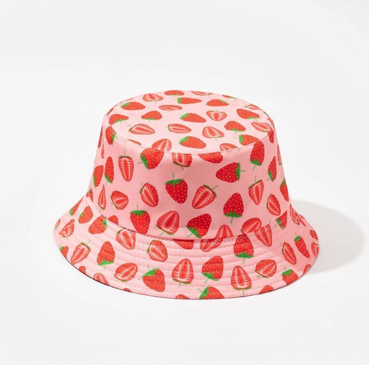 Pastel Pink Strawberry Print Bucket Hat – Cute Fruit Pattern Summer Sun Cap