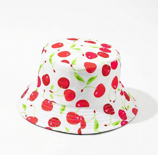 Vibrant Cherry Print Bucket Hat – Cute Fruit Pattern Summer Sun Cap on White
