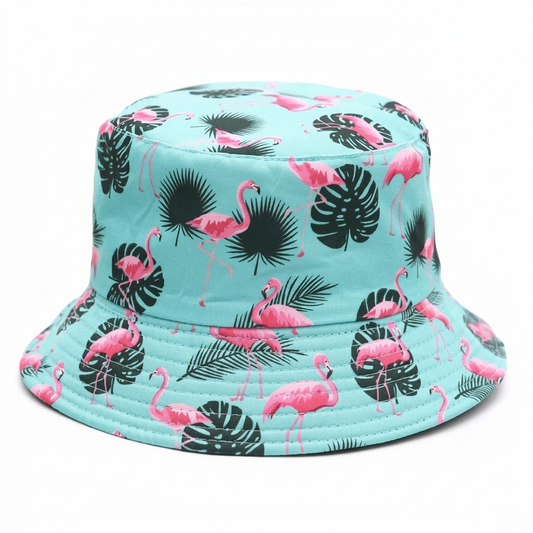 Tropical Teal Flamingo Bucket Hat – Cute Pink Flamingo & Palm Leaf Summer Sun Cap