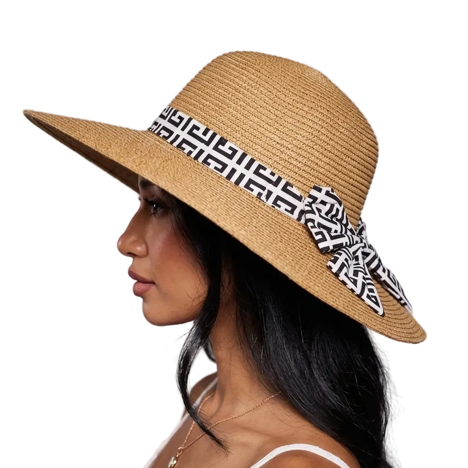 Athena Wide-Brim Straw Beach Hat with Geometric Bow –Premium Summer Headwear Lebanon