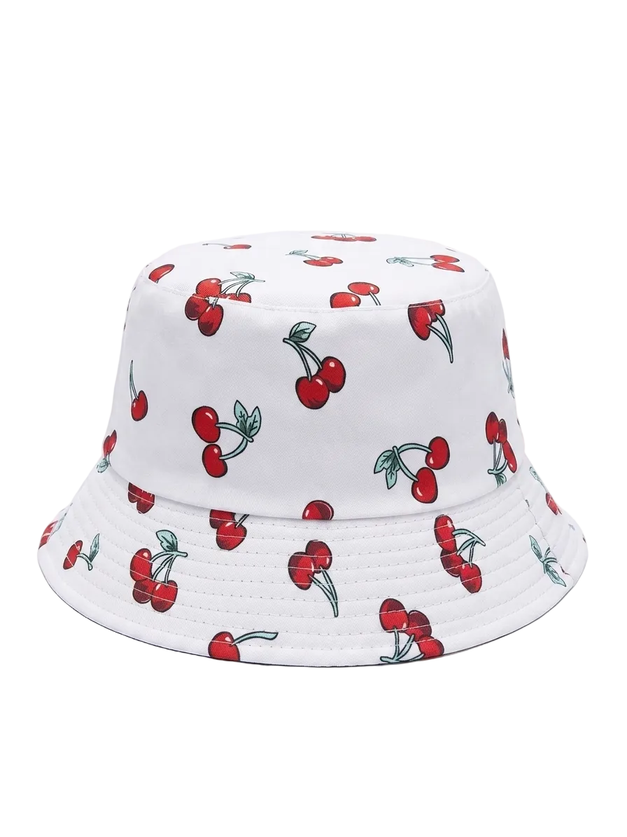 Classic Cherry Pattern Bucket Hat – Minimalist White Summer Sun Cap with Red Cherries