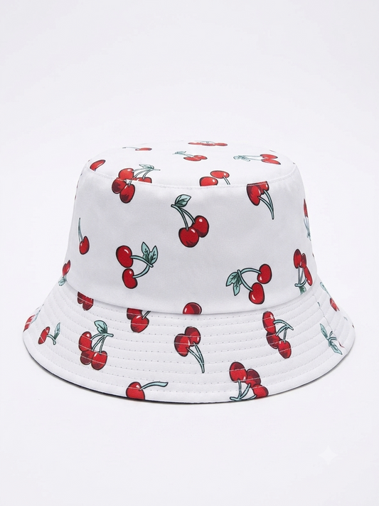 Classic Cherry Pattern Bucket Hat – Minimalist White Summer Sun Cap with Red Cherries