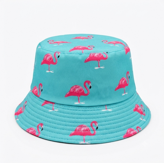 Bright Turquoise Flamingo Bucket Hat – Cute Pink Flamingo Pattern Summer Sun Cap