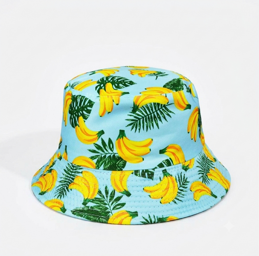 Tropical Banana Print Bucket Hat – Light Blue Summer Sun Cap with Palm Leaves