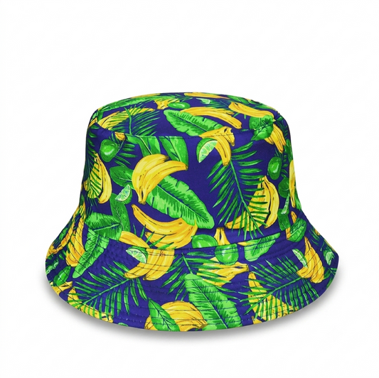 Tropical Navy Banana Bucket Hat – Vibrant Yellow Fruit & Palm Leaf Summer Sun Cap