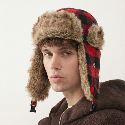 Goodfellow & Co Checkered Red & Black Faux Fur Trapper Hat