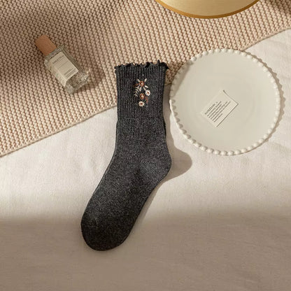 36-40 EU | Cozy Floral Embroidered Winter Socks – 3 Colors